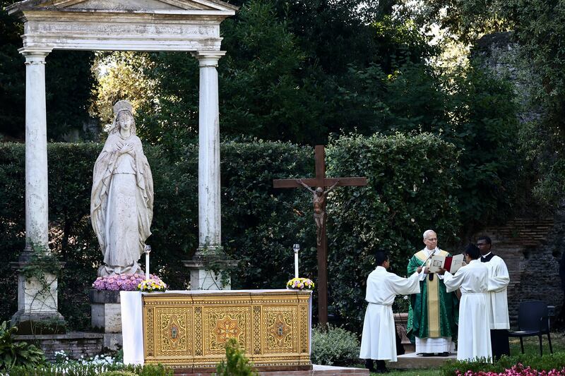 Pope Leo XIV leads the Mass for the Care of Creation, in Castel Gandolfo, Italy, Wednesday, July 9, 2025. (Yara Nardi/Pool Via AP)