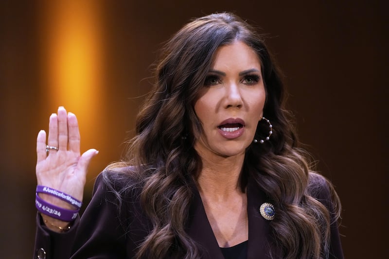 Homeland Security Secretary Kristi Noem is sworn in before appearing for an oversight hearing before the Senate Judiciary Committee, at the Capitol in Washington, Tuesday, March 3, 2026. (AP Photo/J. Scott Applewhite)