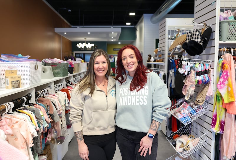 Georgie's Closet founder and President Rachel Langlois, right, stands with Chief Operating Officer Allie Brooks in the not-for-profit's new location in Bradley on Jan. 14, 2026. The charity gathers donations to provide free clothing, toys and necessities to area foster children and families. Not pictured is board treasurer Ashley Sommer.