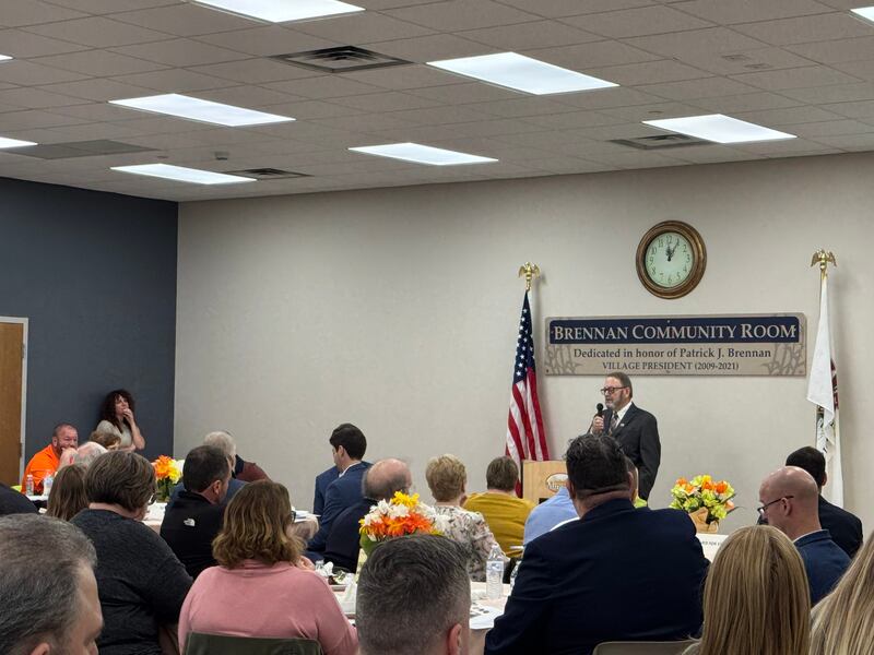 Minooka Village President Ric Offerman addresses the crowd at the Minooka State of the Village address on Thursday, April 3, 2025.