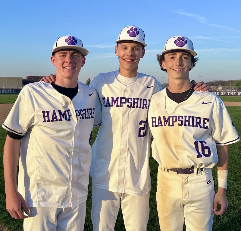 Tyler Lacke (left) and Lucas Prange (middle) combined to hold Dundee-Crown to four hits, while Gavin Weston (right) reached base three times in Hampshire's win over the Chargers on Wednesday.