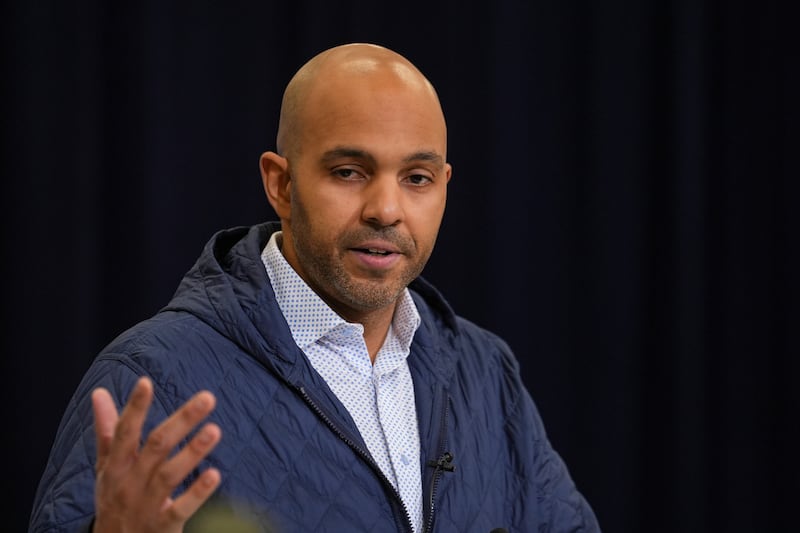 Atlanta Falcons general manager Ian Cunninghamspeaks during a press conference at the NFL football scouting combine in Indianapolis, Tuesday, Feb. 24, 2026. (AP Photo/Michael Conroy)