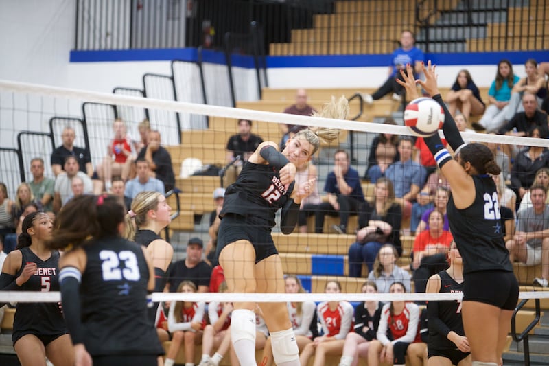 Benet's Lynney Tarnow with the kill shot against St. Charles North on Monday, Oct. 6, 2025 in St. Charles.