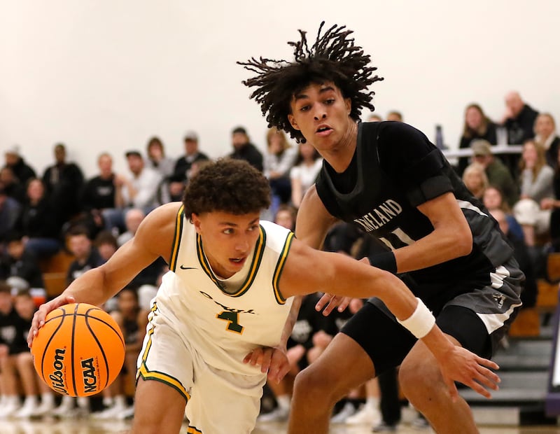 Crystal Lake South's AJ Demirov tries to drive against Kaneland's Evan Frieders during the IHSA Class 3A Rochelle Sectional championship basketball game on Friday, March 7, 2025, at Rochelle High School.