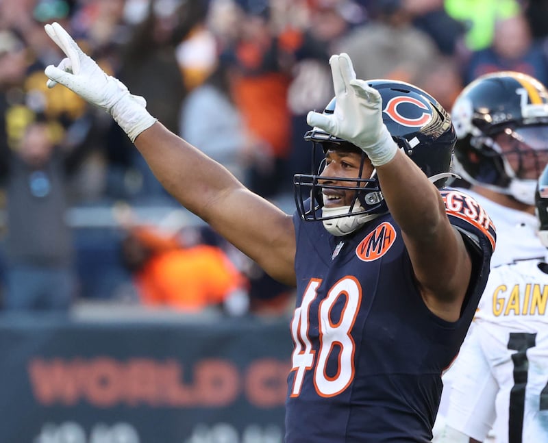 Chicago Bears linebacker D'Marco Jackson celebrates after stopping the Pittsburgh Stelers offense late in the fourth quarter sealing the win Sunday, Nov. 23, 2025, in their game at Soldier Field in Chicago.