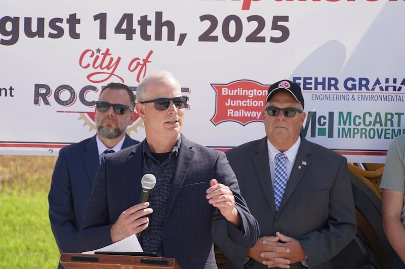 Rochelle City Engineer Sam Tesreau speaks at an event in August 2025 for the expansion of the city's transload center.