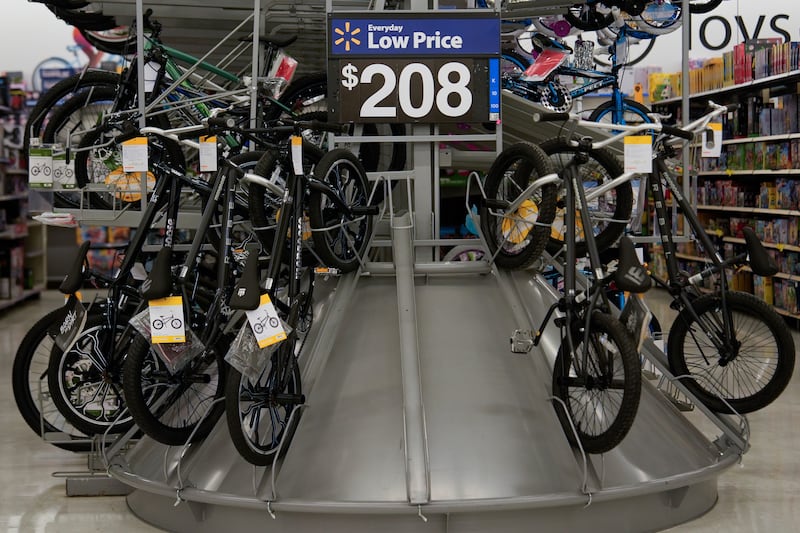 Bicycles are displayed at a Walmart, Wednesday, April 16, 2025, in Groton, Conn. (AP Photo/Julia Demaree Nikhinson)