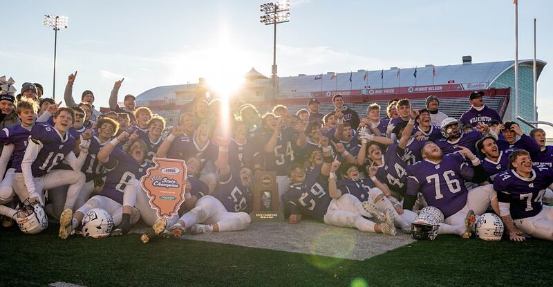 Wilmington celebrates their 42-6 win over Maroa-Forsyth Friday, Nov. 28, 2025, in the Class 2A football finals at Hancock Stadium at ISU.