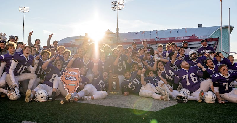 Wilmington celebrates their 42-6 win over Maroa-Forsyth Friday, Nov. 28, 2025, in the Class 2A football finals at Hancock Stadium at ISU.
