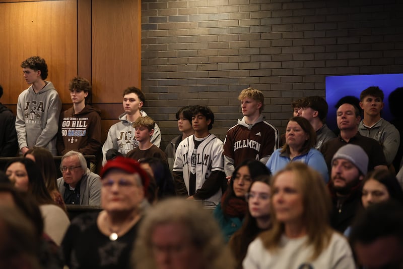 Joliet Catholic Academy student athletes attend the Joliet city council meeting to vote on the Joliet Catholic Academy stadium plan on Tuesday, Jan 20, 2026 in Joliet.
