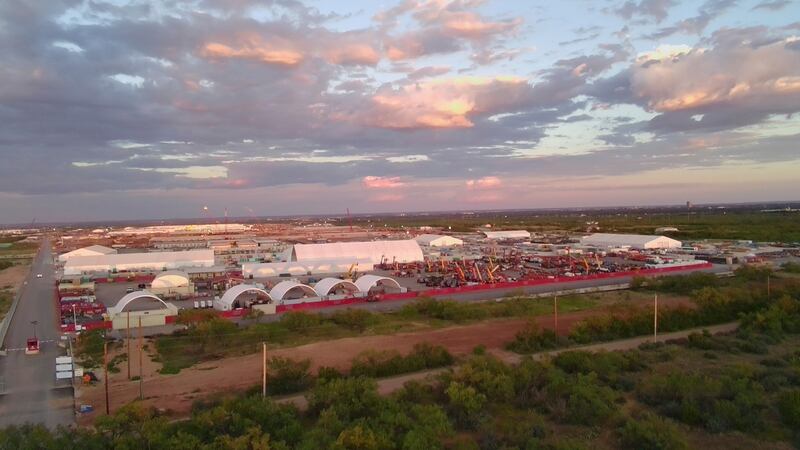 An entrance to the Stargate artificial intelligence data center complex in Abilene, Texas on Monday, Sept. 22, 2025.   (AP Photo/Matt O'Brien)
