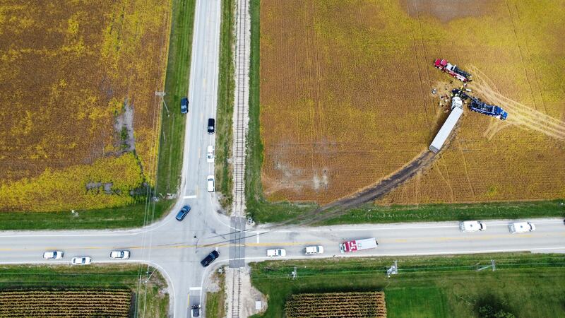 An aerial view of the accident at Route 115 and 7000W Road