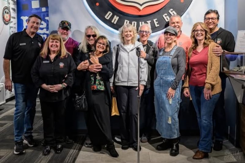 Illinois Rock and Roll Museum Board member Andy Carey (from left), Museum Membership Manager Christine Johnson and her husband Mike Johnson, REO Speedwagon bass player Bruce Hall and his wife Kimmie Hall, Nancy Gratzer with husband Alan Gratzer, REO Speedwagon founder and original drummer, Jen Richrath and husband Eric Richrath son of Gary Richrath guitarist (who passed away in 2015), Museum Board member Patti Romero, wife of museum CEO and founder Ron Romero.