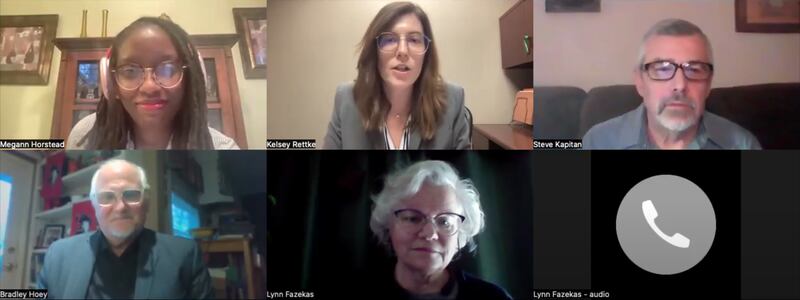Write-in candidates for DeKalb City Clerk in the April 1, 2025, consolidated election Bradley Hoey (bottom left), Lynn Fazekas (bottom middle) and Steve Kapitan (top right) speak with Shaw Local's Daily Chronicle Editor Kelsey Rettke (top middle) and DeKalb reporter Megann Horstead (top left) about their campaigns.