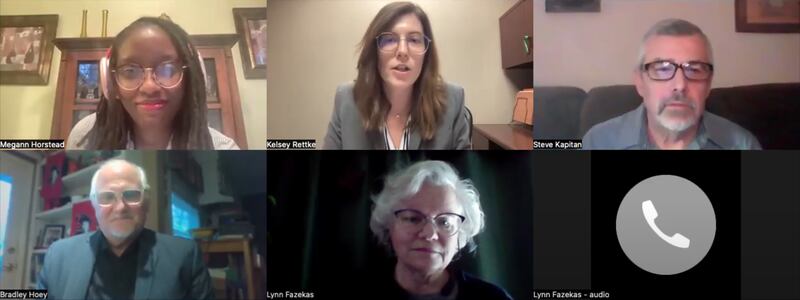 Write-in candidates for DeKalb City Clerk in the April 1, 2025, consolidated election Bradley Hoey (bottom left), Lynn Fazekas (bottom middle) and Steve Kapitan (top right) speak with Shaw Local's Daily Chronicle Editor Kelsey Rettke (top middle) and DeKalb reporter Megann Horstead (top left) about their campaigns.