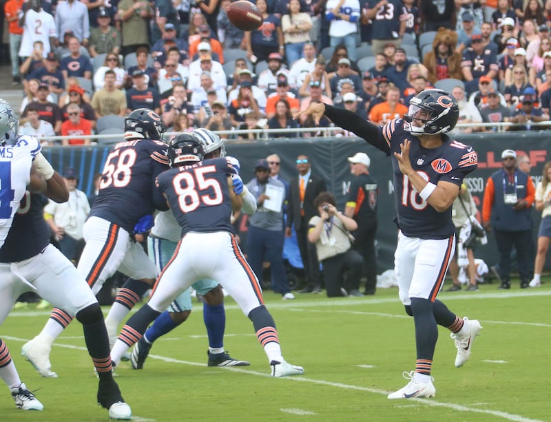 Chicago Bears quarterback Caleb Williams launches a pass down the field against the Dallas Cowboys on Sunday, Sept. 21, 2025 at Soldier Field.