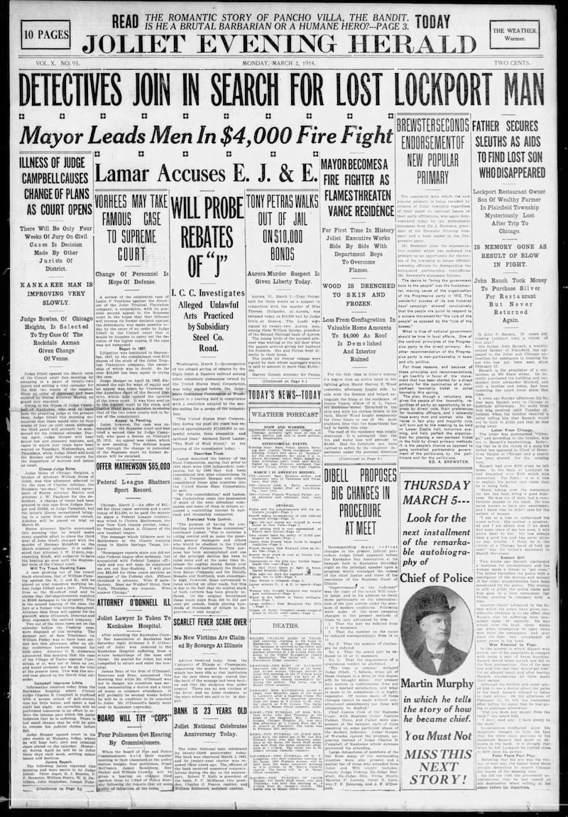 The cover of the Joliet Evening Herald for March 2, 1914