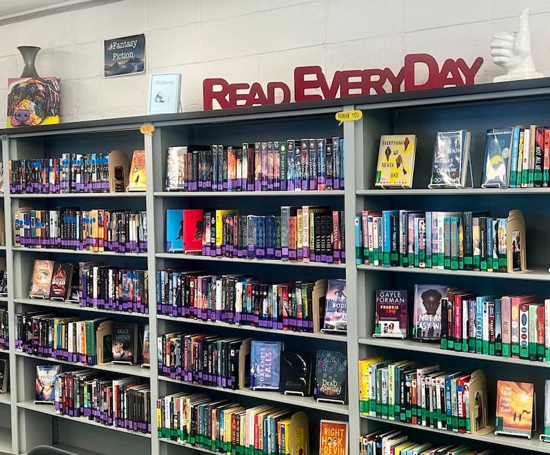 Books line the library shelves inside Sterling's Challand Middle School. District librarian Heather Johnson recently secured a grant awarding the school a special collection of books.