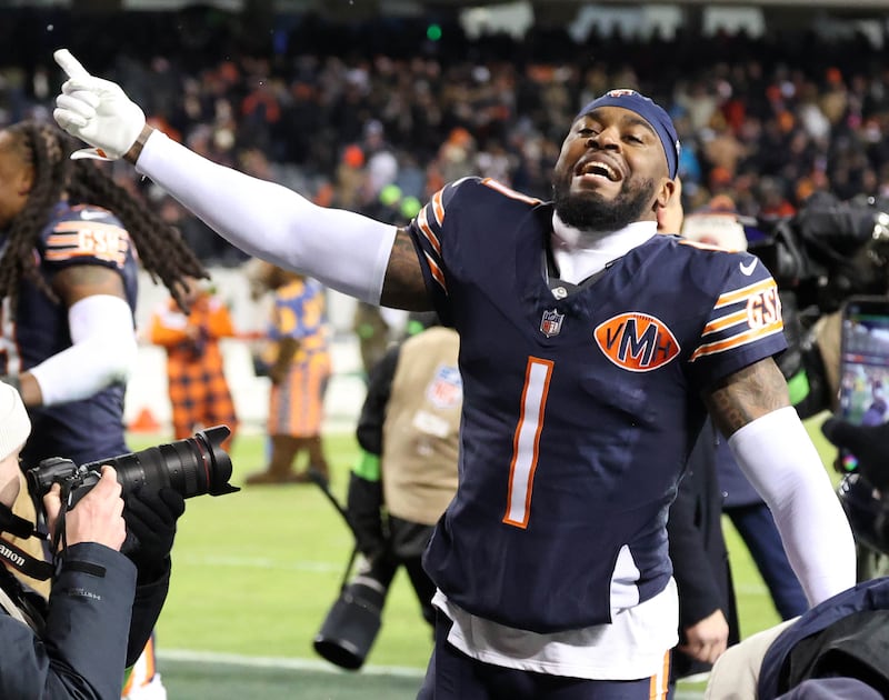 Chicago Bears cornerback Jaylon Johnson celebrates after the Bears 31-27 win over the Green Bay Packers in the NFL Wild Card game Saturday, Jan. 10, 2026, at Soldier Field in Chicago.