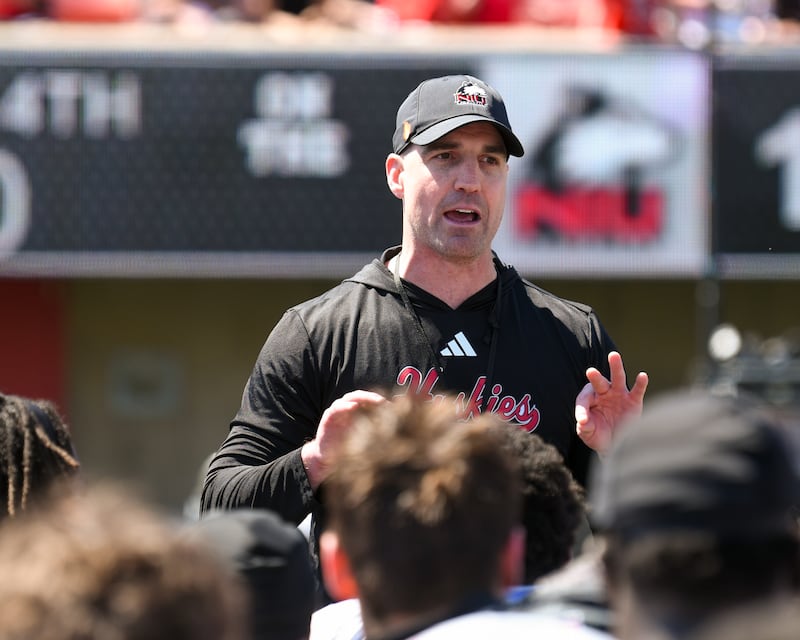 Northern Illinois University's Interim Head Coach, Rob Harley talks to the team after the spring football scrimmage game on Saturday, April 25, 2026, held at Huskie Stadium in DeKalb.