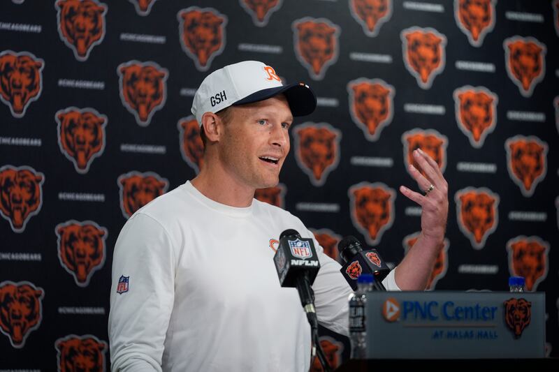 Chicago Bears head coach Ben Johnson speaks during a press conference at NFL football training camp Thursday, July 24, 2025, in Lake Forest, Ill. (AP Photo/Erin Hooley)