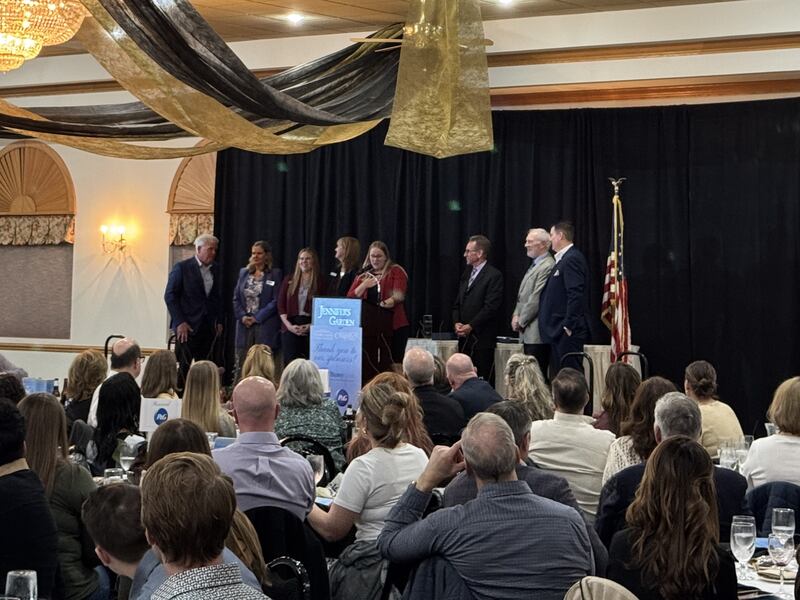 Katy LeClair, President and CEO of the Joliet Area YMCA, speaks in front of the crowd Grundy County Chamber Commerce's annual dinner Wednesday, accepting the award along with representatives from Morris Hospital, the City of Morris, and the YMCA.