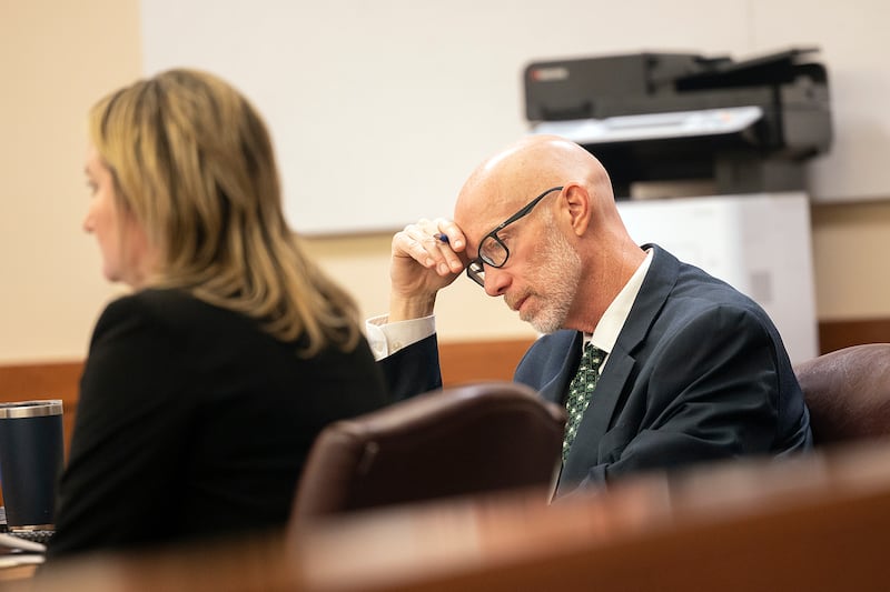 Ogle County State's Attorney Mike Rock works during a hearing for Jonathon Gounaris Monday, March 17, 2025, in Ogle County Court.