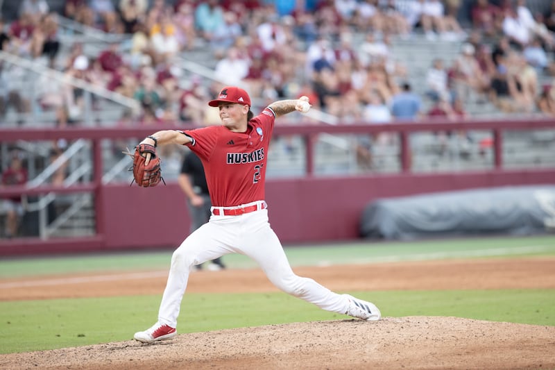 NIU pitcher Cooper Cohn delivers a pitch during an elimination game of the Tallahassee Regional on Sunday, May 31, 2026, in Tallahassee, Florida. The Huskies lost 7-4 in 10 innings.
