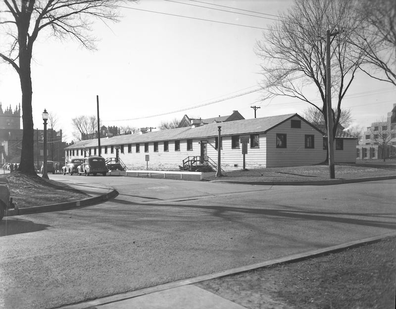 Looking south at Lucinda toward what will be Wirtz Drive at the new cafeteria (formerly a cafeteria building at Camp McCoy, Wisconsin) at Northern Illinois State Teachers College (now NIU), 1947.