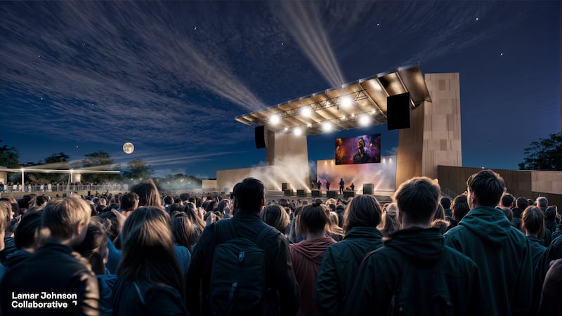 The official rendering of the new amphitheater at night, highlighting the venue's design and vibrant atmosphere.