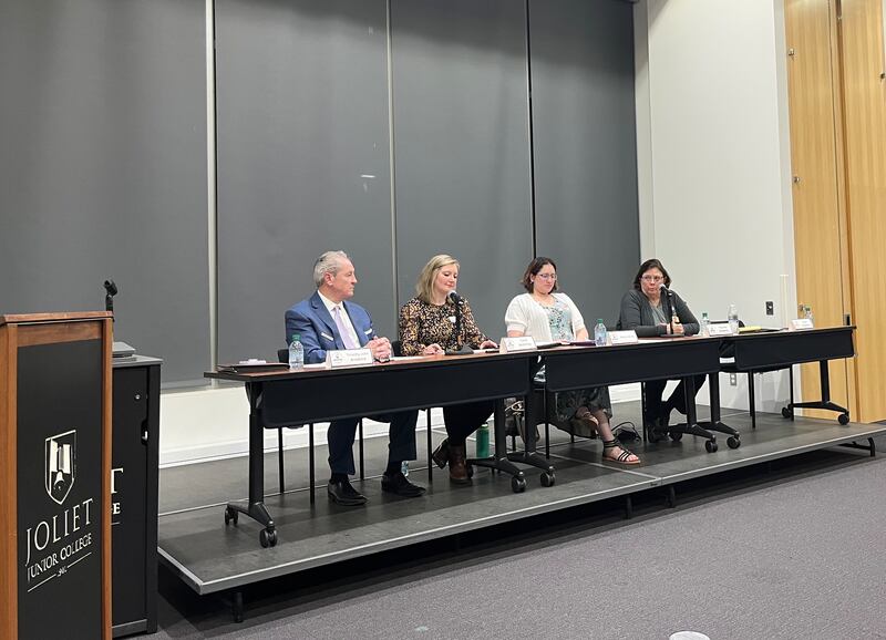 Candidates for Joliet Junior College Board of Trustees (from left) Timothy John Broderick, Elaine Bottomley, Nancy Garcia and Maureen Broderick (no relation to Timothy) appear at a forum at the Joliet campus on Tuesday , March 4, 2025.