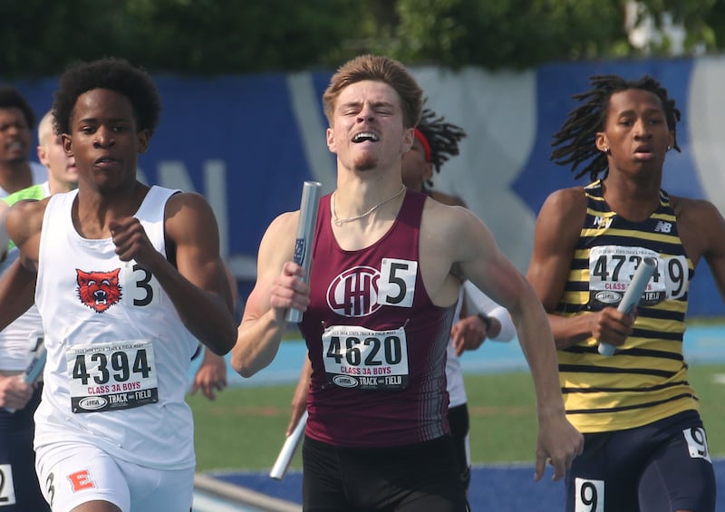 Lockport's Nolan Lamoureux races in the 4x400 meter relay  during the IHSA Class 2A Boys Track & Field State Finals on Saturday, May 31, 2025 at Eastern Illinois University in Charleston.