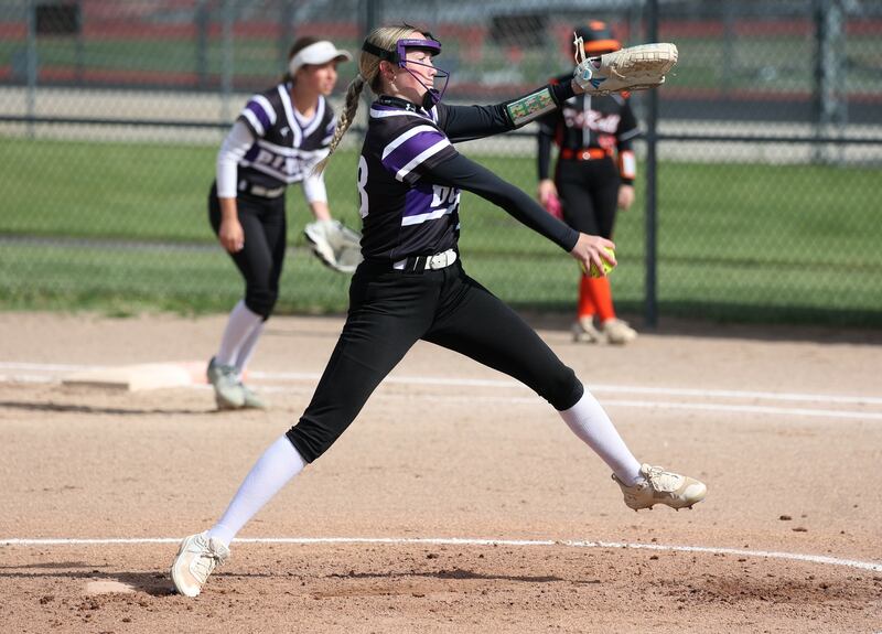 Dixon’s Allie Abell delivers a pitch Thursday, May 22, 2025, during their game at DeKalb High School.