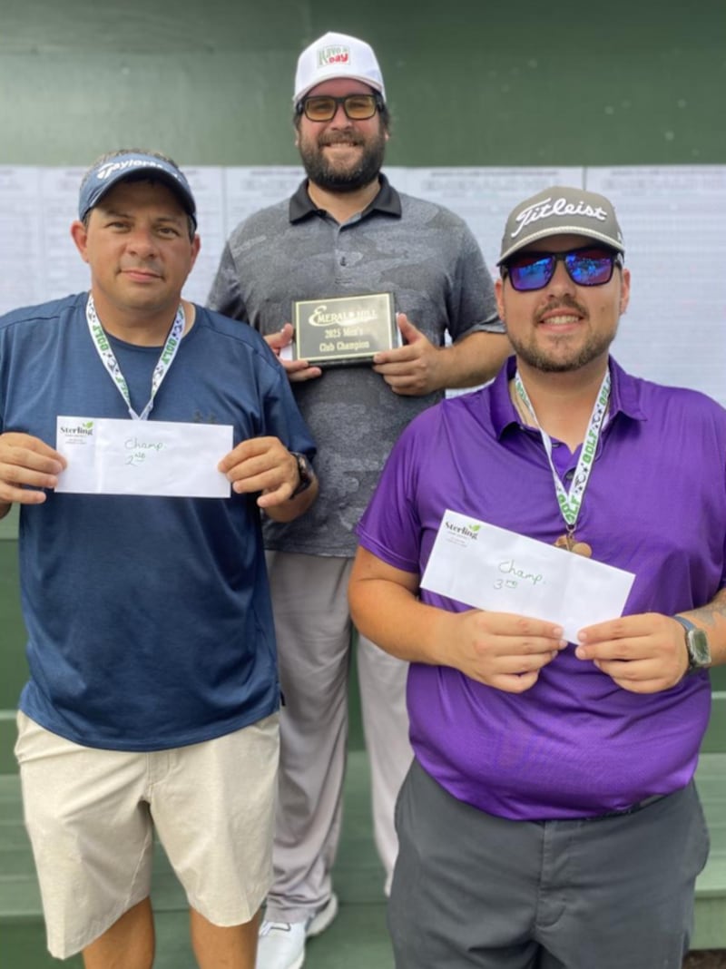 Jarred Hippen, center, won the 6th Annual Emerald Hill Golf Association Club Championship, which was held on July 26-27. Jason Welker, left, was runner-up and Trevor Sisson, right, took third in the men's championship flight.