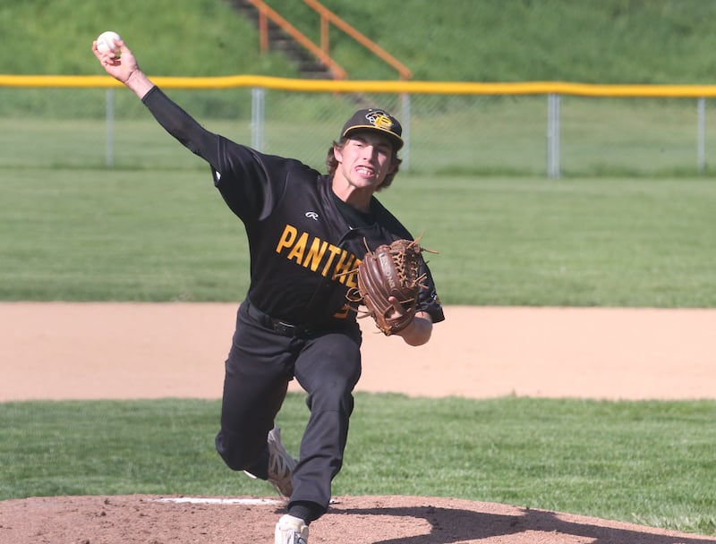 Putnam County pitcher Johnathon Stunkel lets go of a throw to St. Bede on Thursday, May 8, 2025 at St. Bede Academy.