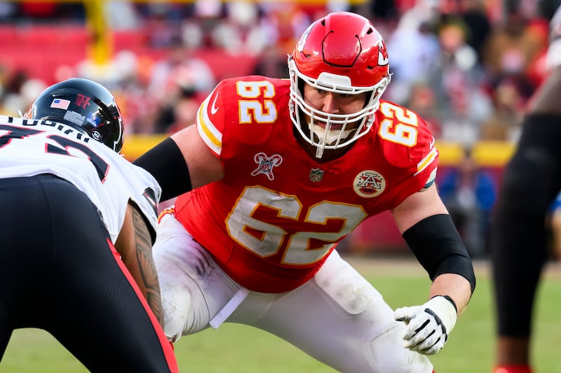 Kansas City Chiefs Joe Thuney plays the tackle position against the Houston Texans during the second half of an NFL football game, Saturday, Dec. 21, 2024 in Kansas City, Mo. The Chiefs defeated the Texans, 27-19. (AP Photo/Reed Hoffmann)