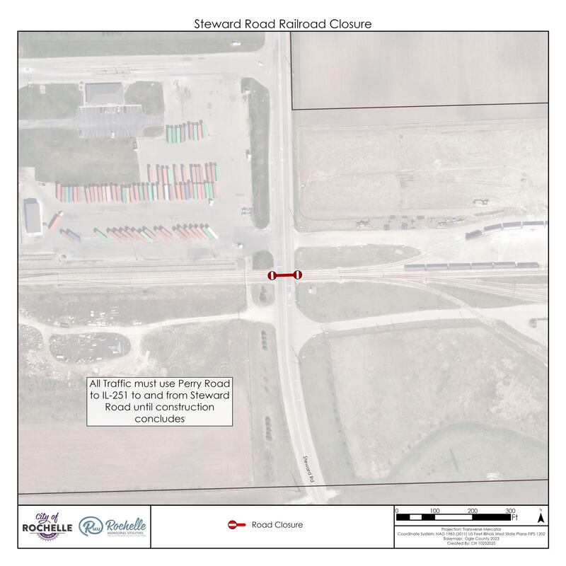City of Rochelle Engineer Sam Tesreau has announced the closure of Steward Road, at the city railroad crossing 500 feet north of the Ogle/Lee county line, beginning Monday, Nov. 17, 2025.