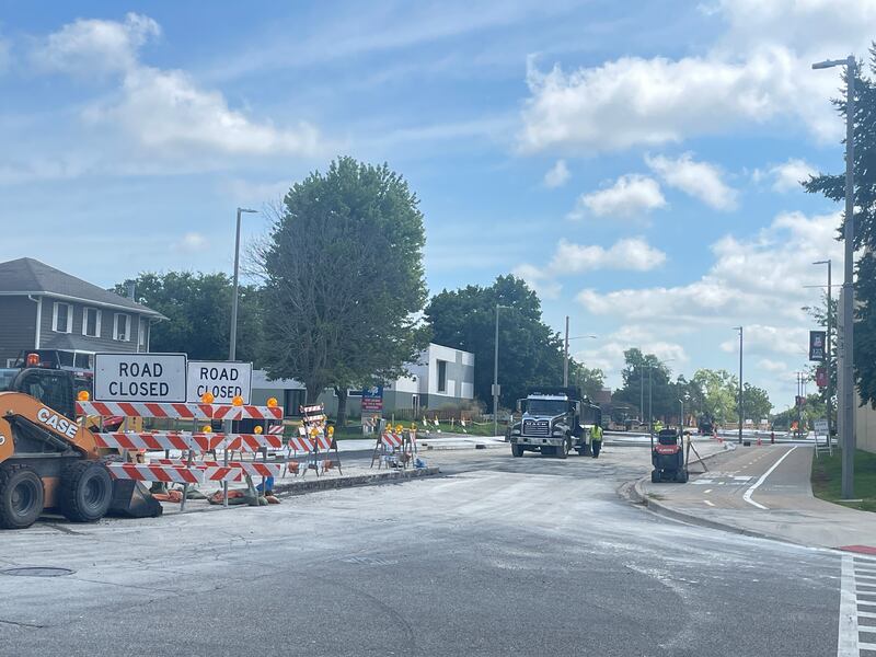 A "Road Closed" sign is seen Monday, Aug. 11, 2025, at the intersection of Normal Road and Lucinda Avenue in DeKalb, where a new roundabout is under construction.