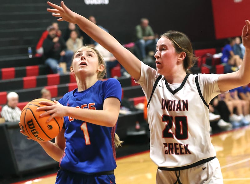 Genoa-Kingston's Presley Meyer tries to get a shot by Indian Creek's Elsie Betz Monday, Dec. 8, 2025, during their game at Indian Creek High School in Shabbona.