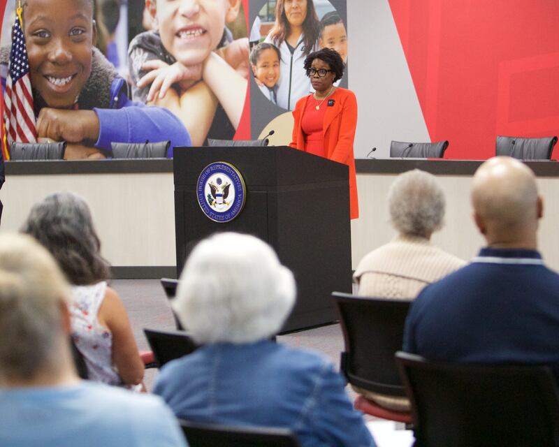 U.S. Rep. Lauren Underwood, D-Naperville, speaks to dozens of constituents gathered during a town hall at East Aurora School District 131 on Saturday, Aug.9, 2025, in Aurora.