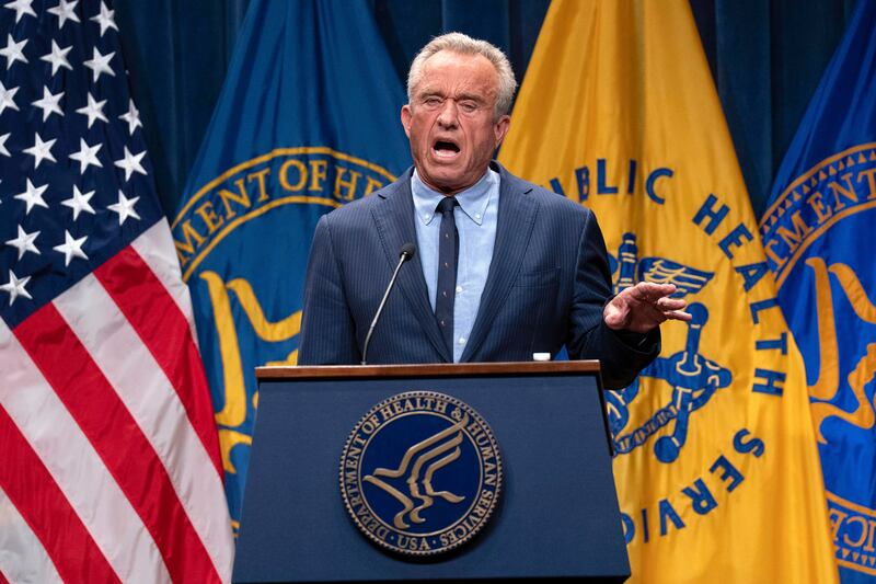 FILE - Health and Human Services Secretary Robert F. Kennedy Jr. speaks during a news conference on the Autism report by the CDC at the Hubert Humphrey Building Auditorium in Washington, April 16, 2025. (AP Photo/Jose Luis Magana, File)