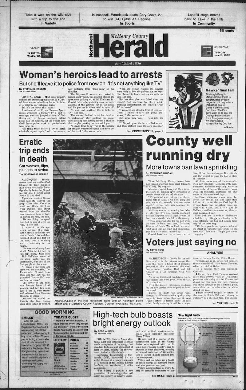 The cover of the Northwest Herald for June 2, 1992