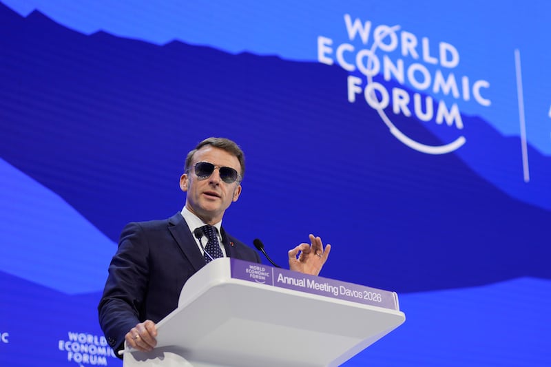 French President Emmanuel Macron speaks during the Annual Meeting of the World Economic Forum in Davos, Switzerland, Tuesday, Jan. 20, 2026. (AP Photo/Markus Schreiber)