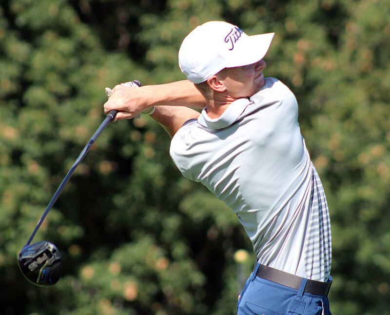 Sterling's Grant Hartman is pictured at the Western Big 6 Conference meet at Quincy Country Club on Monday, Sept. 22, 2025.