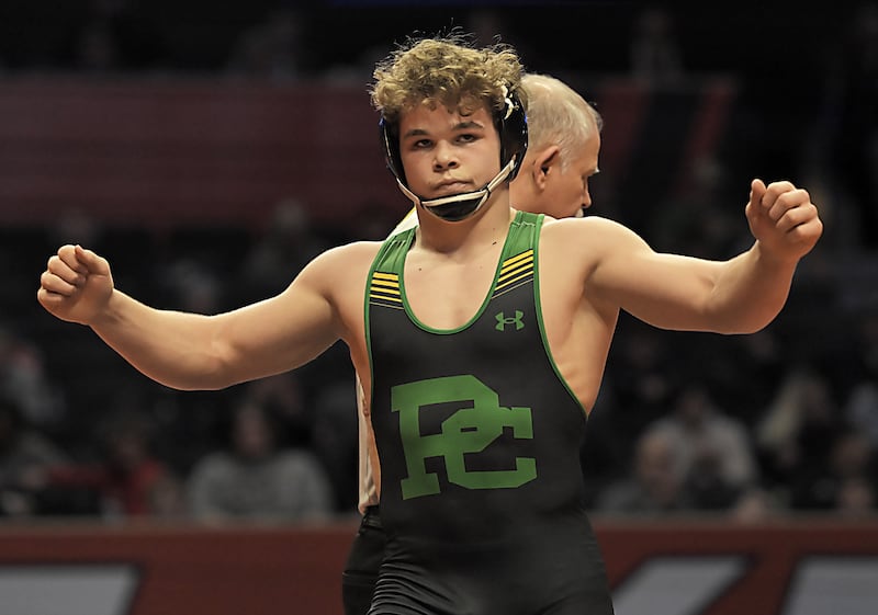 Providence Catholic's Justus Heeg after beating Brock Ross of Mascouta in the Class 2A 150-pound final at the IHSA boys state wrestling championships at the State Farm Center in Champaign on Saturday, Feb. 22, 2025.