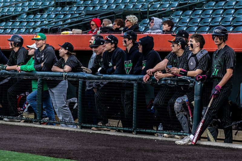 Dwight's players watch the action against Serena from the dugout at Duly Health And Care Field in Joliet on April 16, 2025.