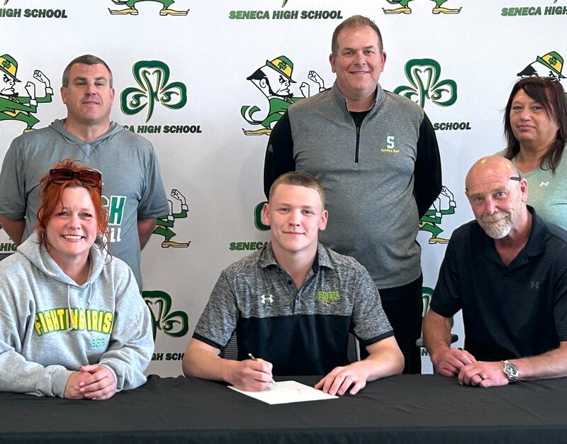 Recent Seneca graduate and Times All-Area Golf honoree Grant Siegel has committed to continue his education at the University of St. Francis in Joliet and his golf career at the NAIA level with the Fighting Saints. Shown here at his signing ceremony are (left to right): in front – Becky Siegel, Grant Siegel and Mark Williams; in back – Ted O'Boyle, Bryan Erickson and Sara Smith.