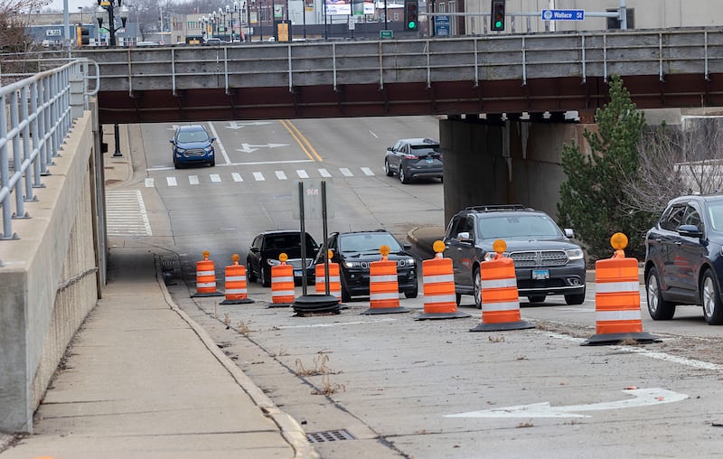 Barriers block the entrance to Second Street off of First Avenue in Sterling Friday, Jan. 9, 2026. Construction was expected to be complete by June of 2026.