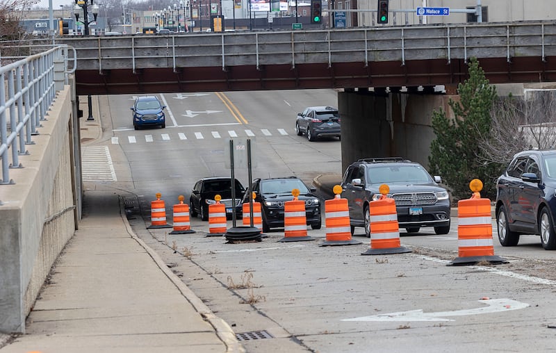 Barriers block the entrance to Second Street off of First Avenue in Sterling Friday, Jan. 9, 2026. Construction was expected to be complete by June of 2026.