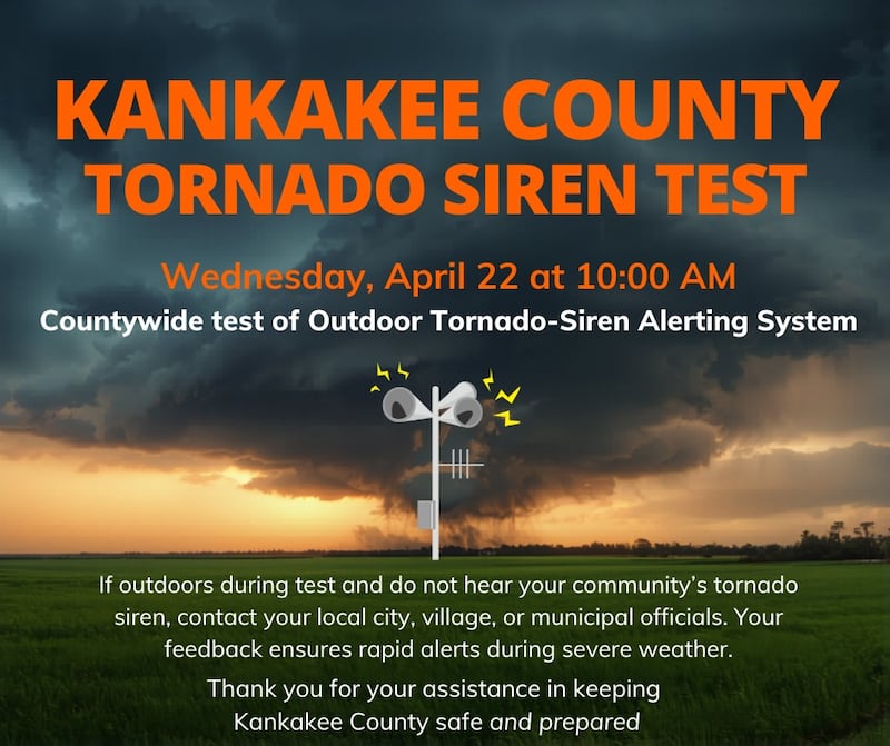 Kankakee County tornado siren test set for Wednesday April 22, 2026.